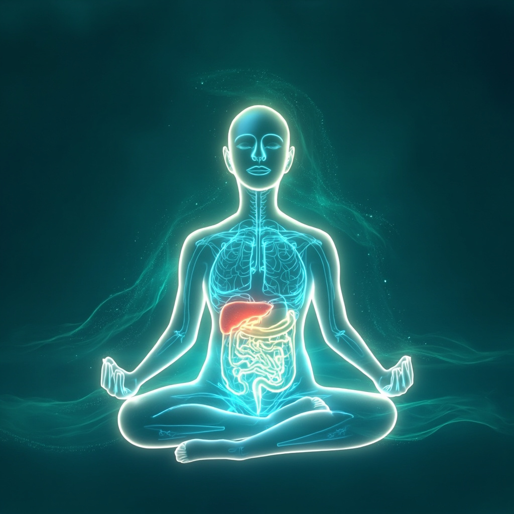 Serene glowing human liver and intestines with harmonious energy waves flowing through meridians, a calm person in lotus pose breathing deeply, soft blue and green tones, illustrative style.