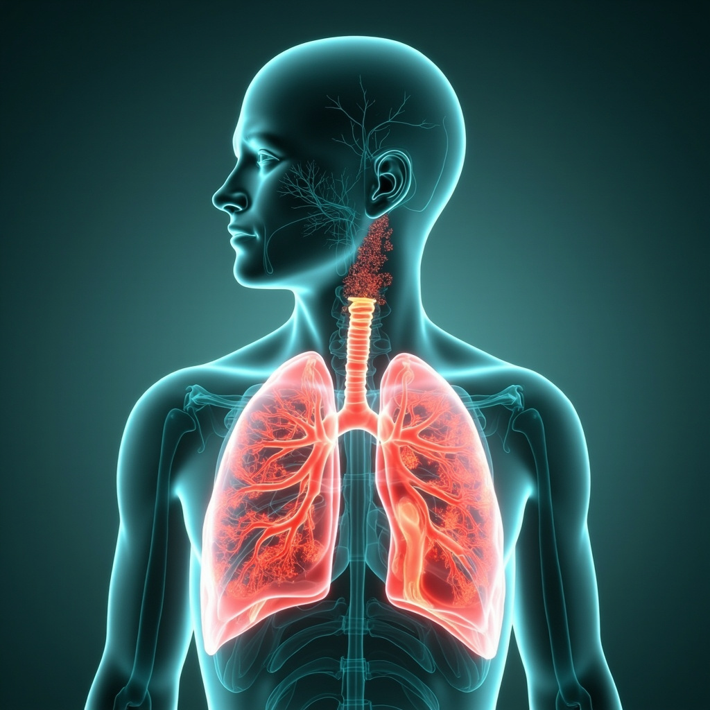 Illustrative image of healthy vs inflamed lungs with parasitic cysts, subtle TCM meridians glowing, anxious face fading to calm, soft blue and green tones, professional medical art style