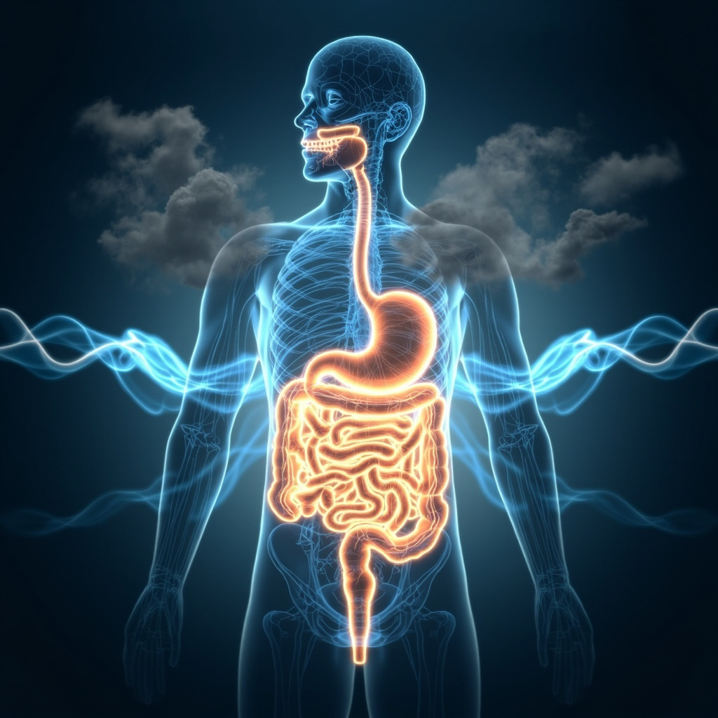 Illustrative diagram of human digestive system glowing at duodenum with smooth muscle waves, surrounded by soft blue frequency waves, stress clouds dissolving into calm energy flows, professional medical art style.