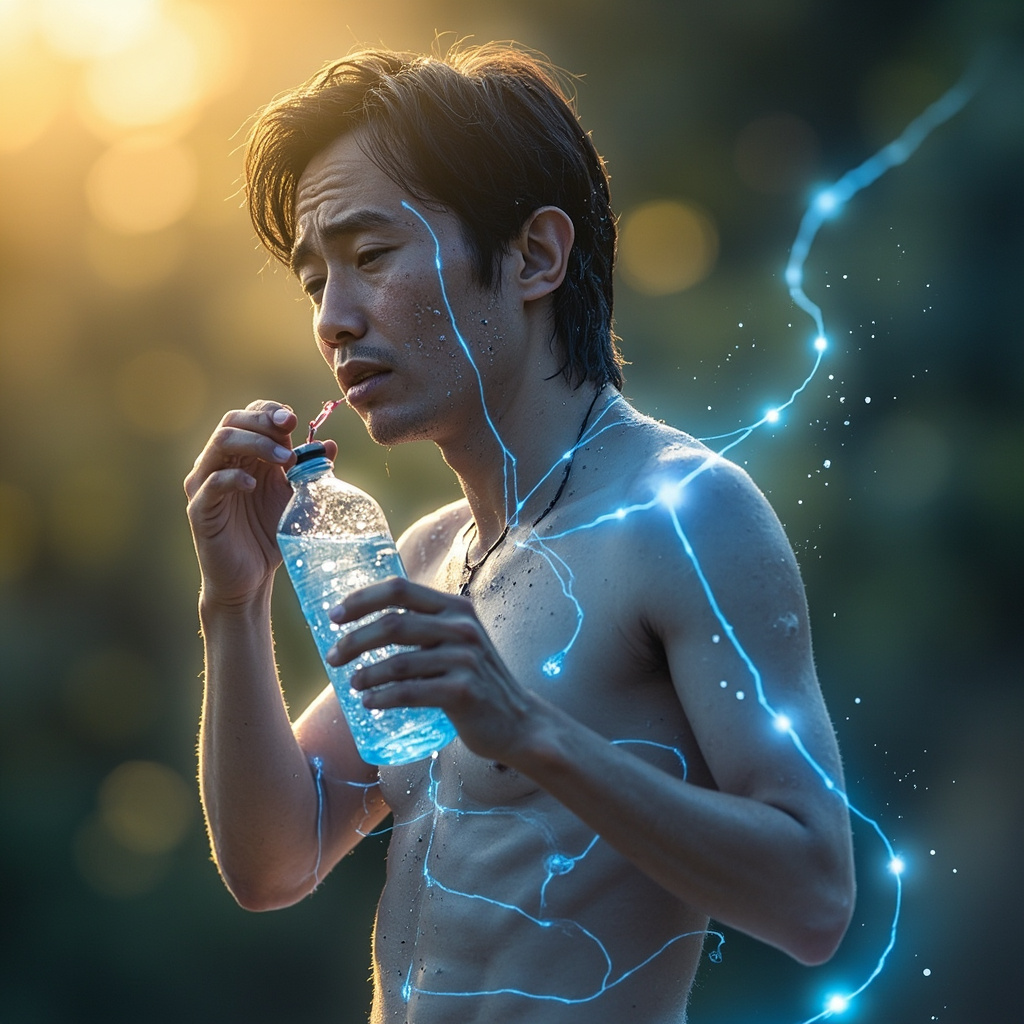 Illustrative image of a tired person in summer heat, sweating profusely, holding a water bottle, with subtle glowing meridians on body representing TCM qi flow, soft blue tones for cooling.