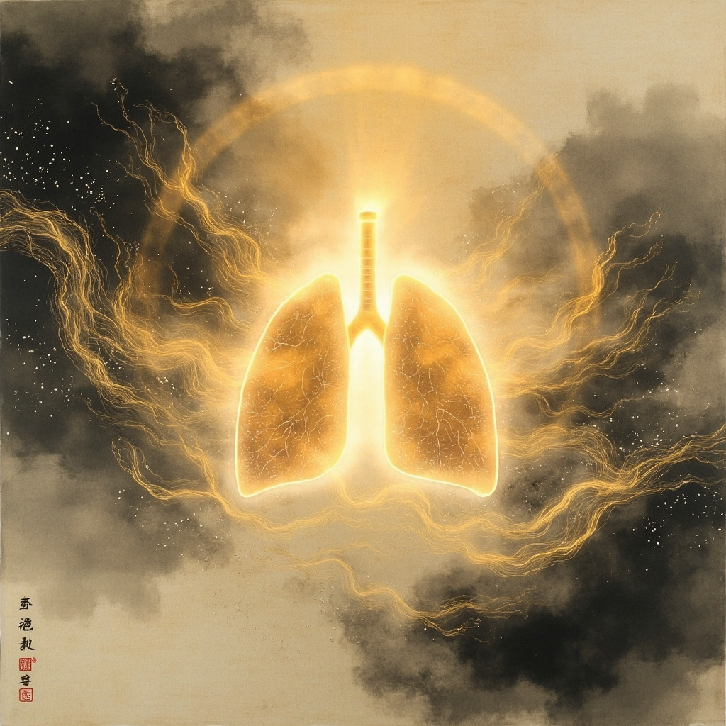 Illustrative image of glowing lungs enveloped in flowing golden qi energy waves, in traditional Chinese ink painting style, symbolizing harmony over bacterial shadows, serene and balanced.