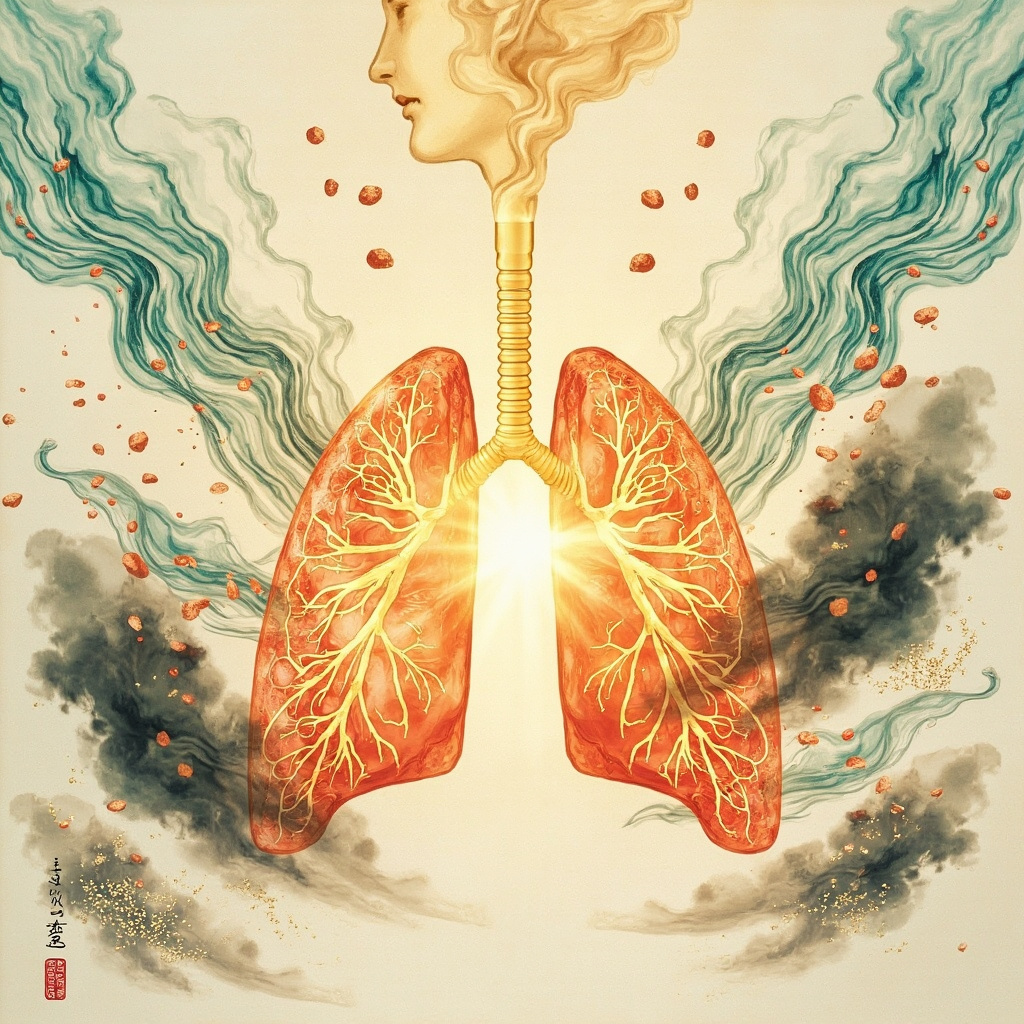 Illustrative image of healthy glowing lungs with balanced qi energy flows in TCM style, fading shadows of bacteria and anxious expressions transforming to calm vitality.