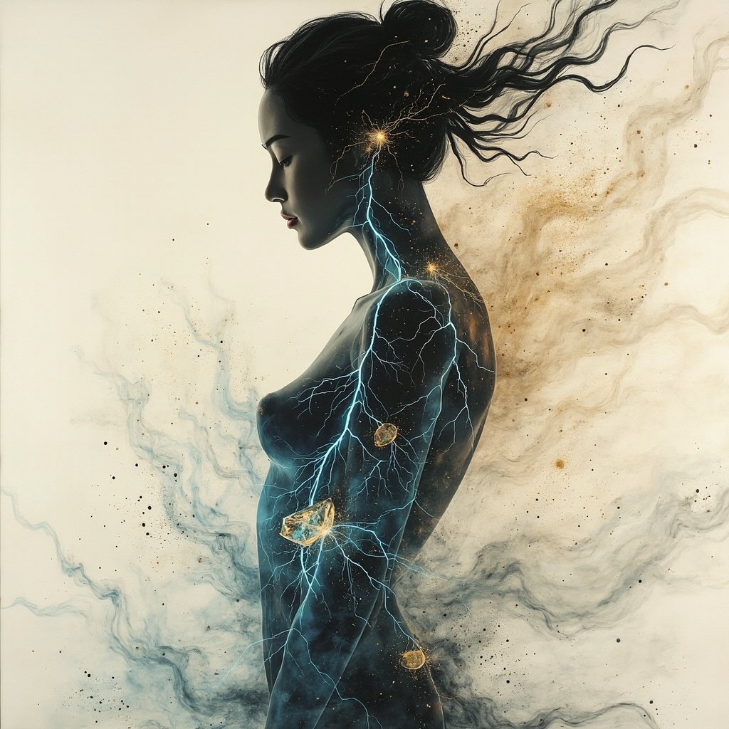 Serene TCM ink painting of a human figure with glowing qi meridians in blue and gold, subtle germanium crystal integrated near liver and kidneys, harmonious energy waves flowing through body.
