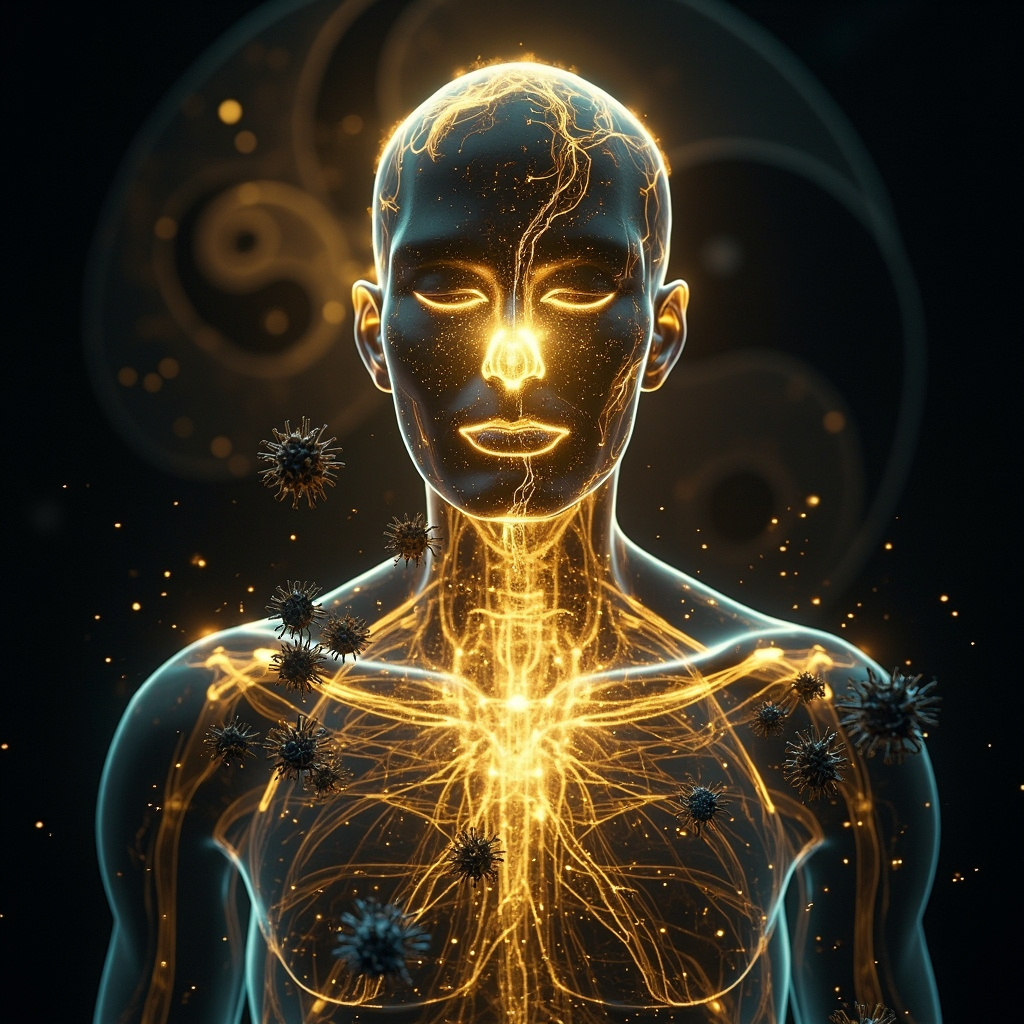 A glowing zinc atom integrated into a human silhouette with flowing TCM meridians in gold light, immune cells battling viruses, balanced yin-yang symbol, serene face overcoming fatigue and fear
