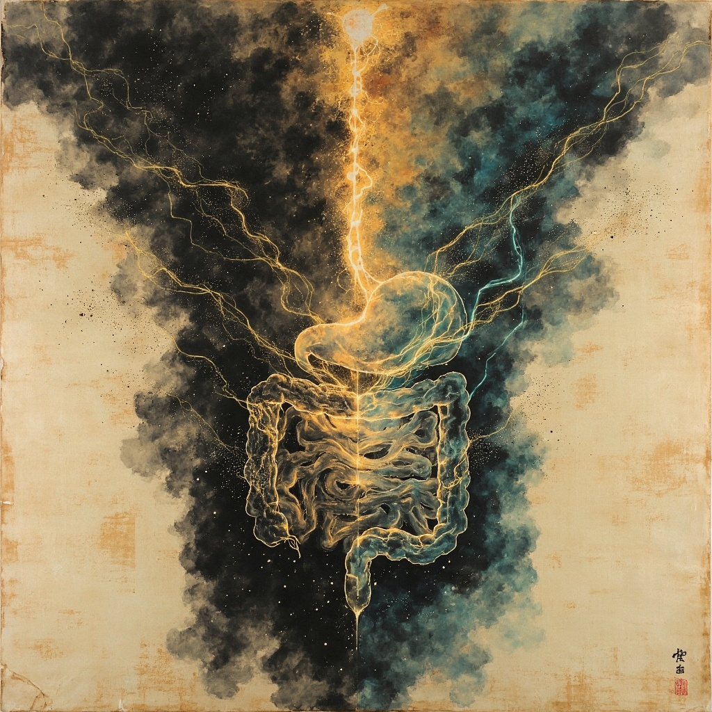 Serene TCM ink painting of interconnected gut and brain with glowing meridians, dark swirling bacteria clouds in stomach causing pain waves and anxiety shadows in the mind, balanced side shows harmonious light frequencies healing.