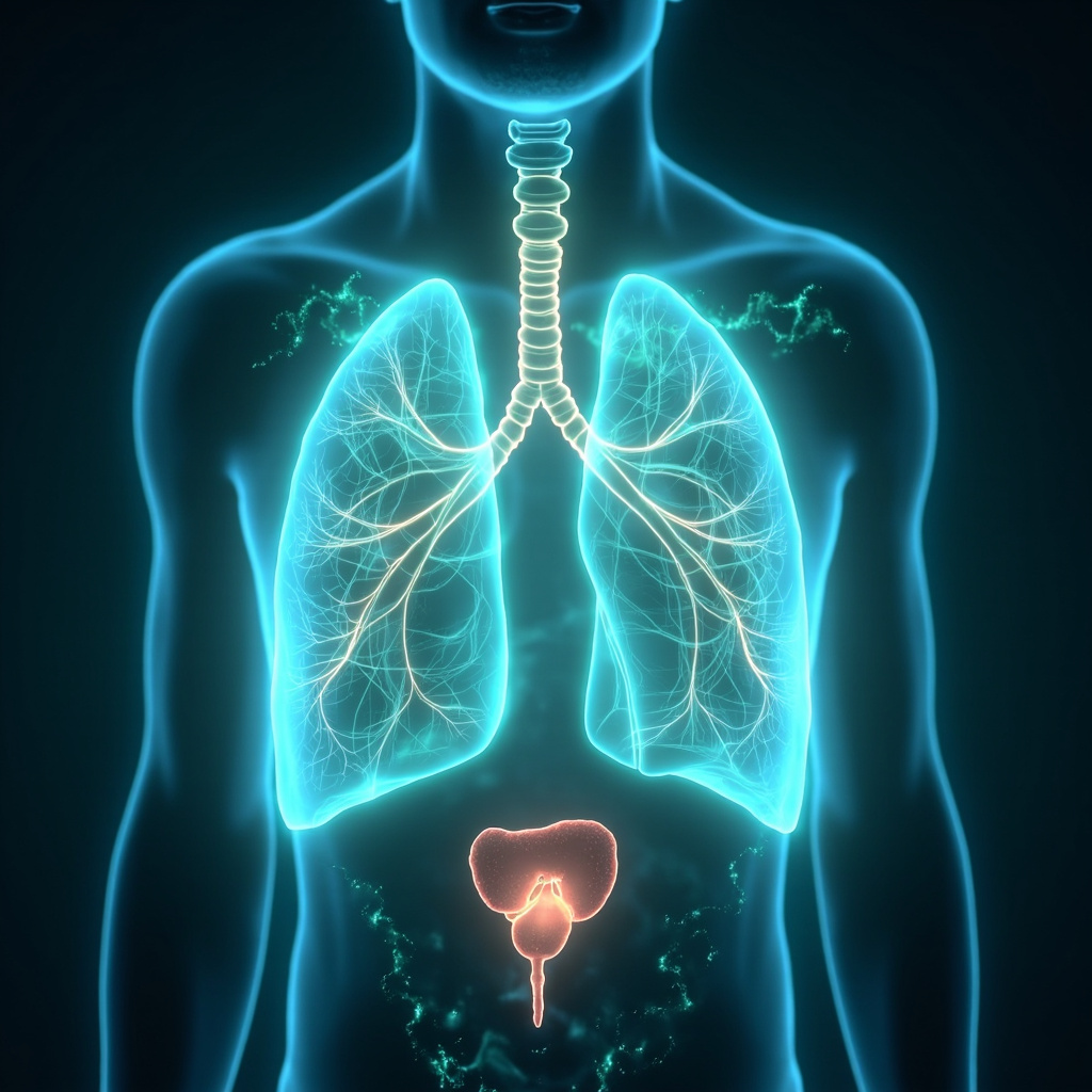 Serene illustration of glowing lungs, urinary bladder, and healthy skin interconnected by flowing TCM meridians in blue and green hues, symbolizing balanced qi energy and healing harmony.