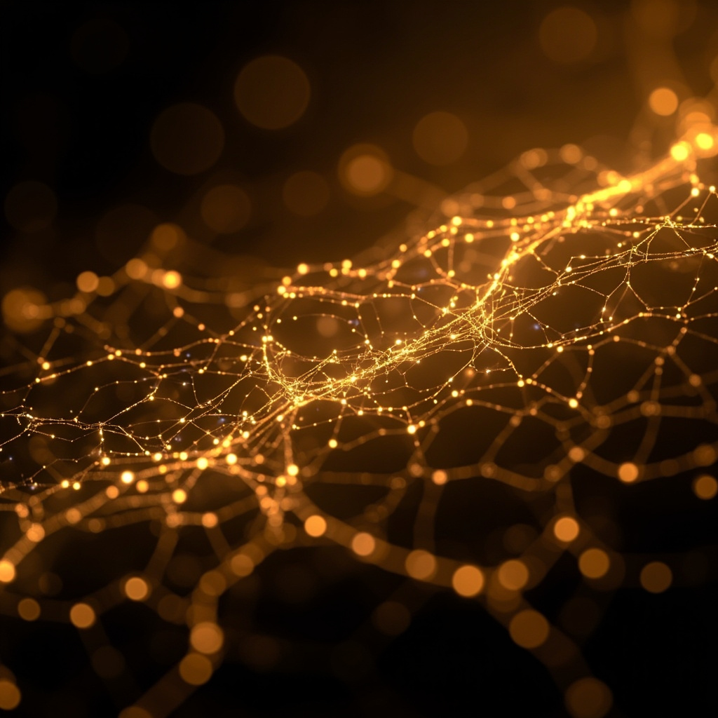 A serene, abstract visualization of glowing, interconnected golden threads representing the nervous system in a state of perfect, calm equilibrium against a soft, dark background.