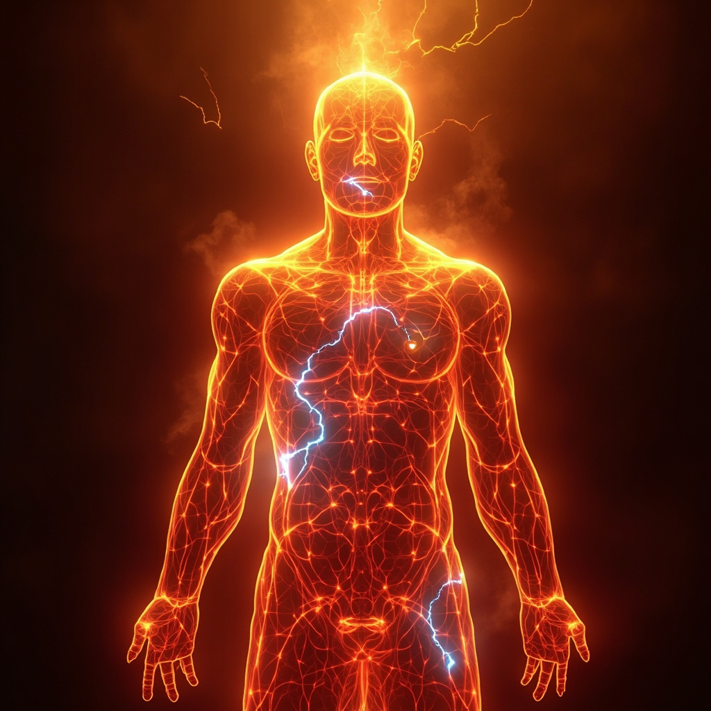 Serene artwork of crimson blood flowing through glowing meridians in a human silhouette, intertwined with subtle electric blue bioelectric waves and yin-yang symbols, evoking vitality and harmony in warm red and gold tones.
