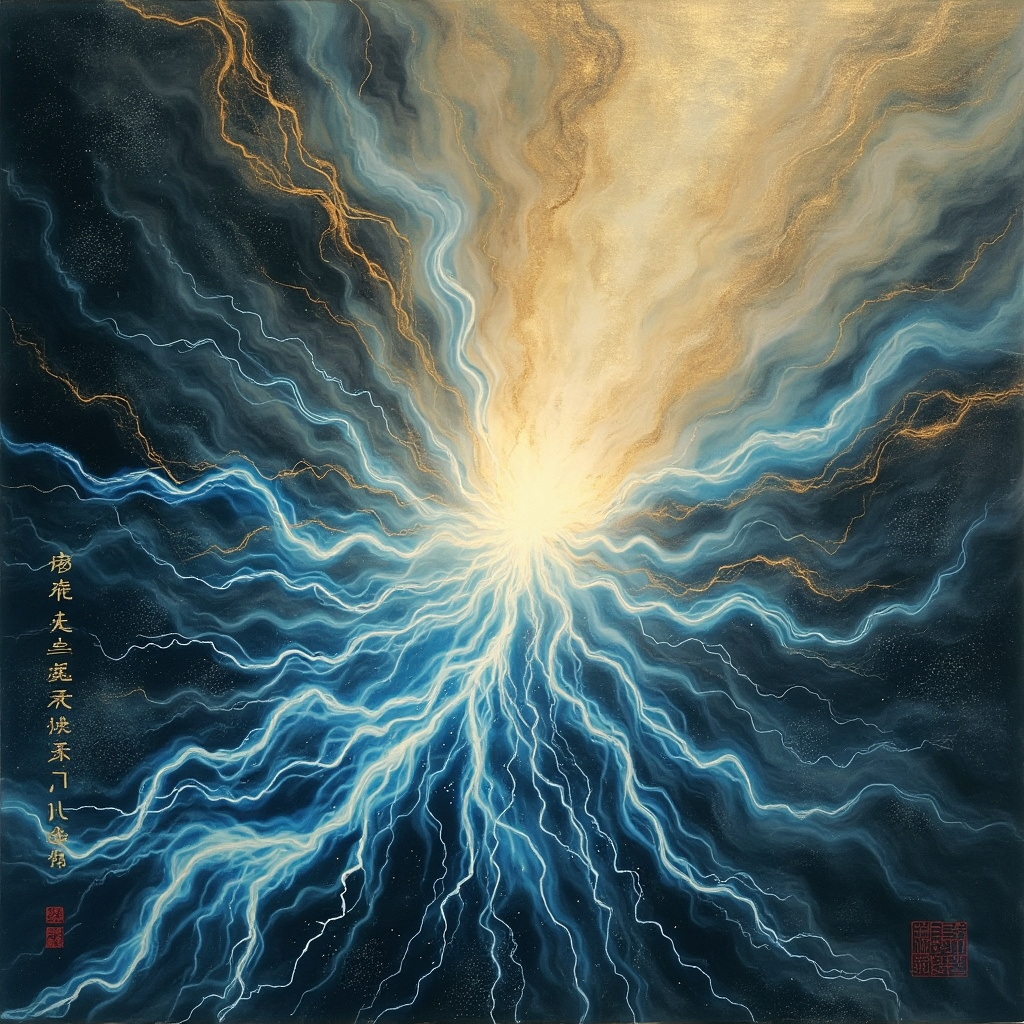 Serene artistic rendering of glowing blue veins forming a harmonious network returning to a radiant heart, intertwined with subtle golden qi meridians and soft energy flows in traditional Chinese ink style, calming background with faint five elements symbols.