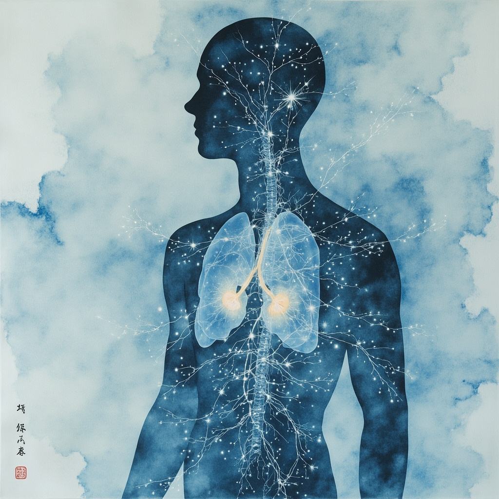 Serene ink painting of human silhouette with glowing liver, kidneys, and lungs intertwined with flowing qi meridians and subtle nickel atoms sparkling like stars, in traditional Chinese style, soft blues and silvers.