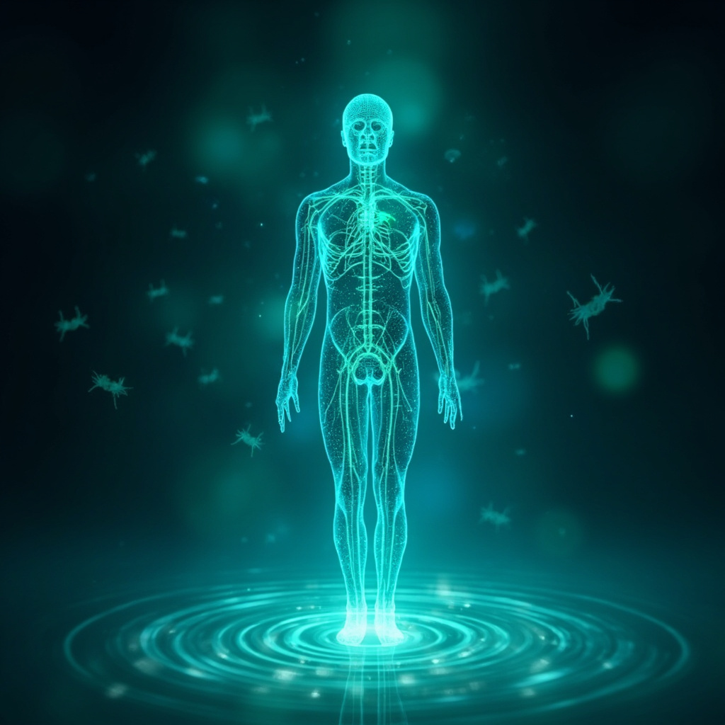 Serene human silhouette with glowing TCM meridians overlaying a subtle microscopic view of Borrelia burgdorferi spirochetes, soft healing frequency waves emanating from heart, joints, nerves, and brain, in calming blue and green tones.