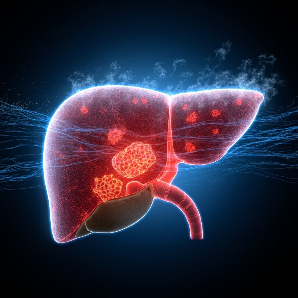 Scientific illustration of Echinococcus multilocularis cysts infiltrating a human liver, with TCM meridians glowing red around disrupted areas, soft blue frequency waves harmonizing, subtle anxiety clouds fading to calm.