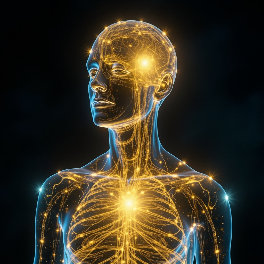 Golden nanocrystals flowing as light through TCM meridians in a human silhouette, symbolizing energy balance, brain clarity, and emotional harmony, serene blue-gold tones