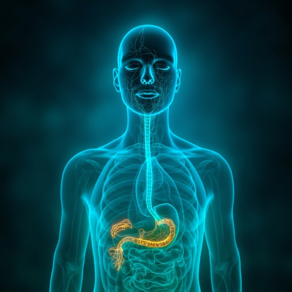 Serene digital illustration of the human body with glowing blue parasympathetic nerves activating rest mode: relaxed heart slowing, active digestion, calm face meditating, soft waves of energy flowing from brainstem to gut, in peaceful greens and blues.