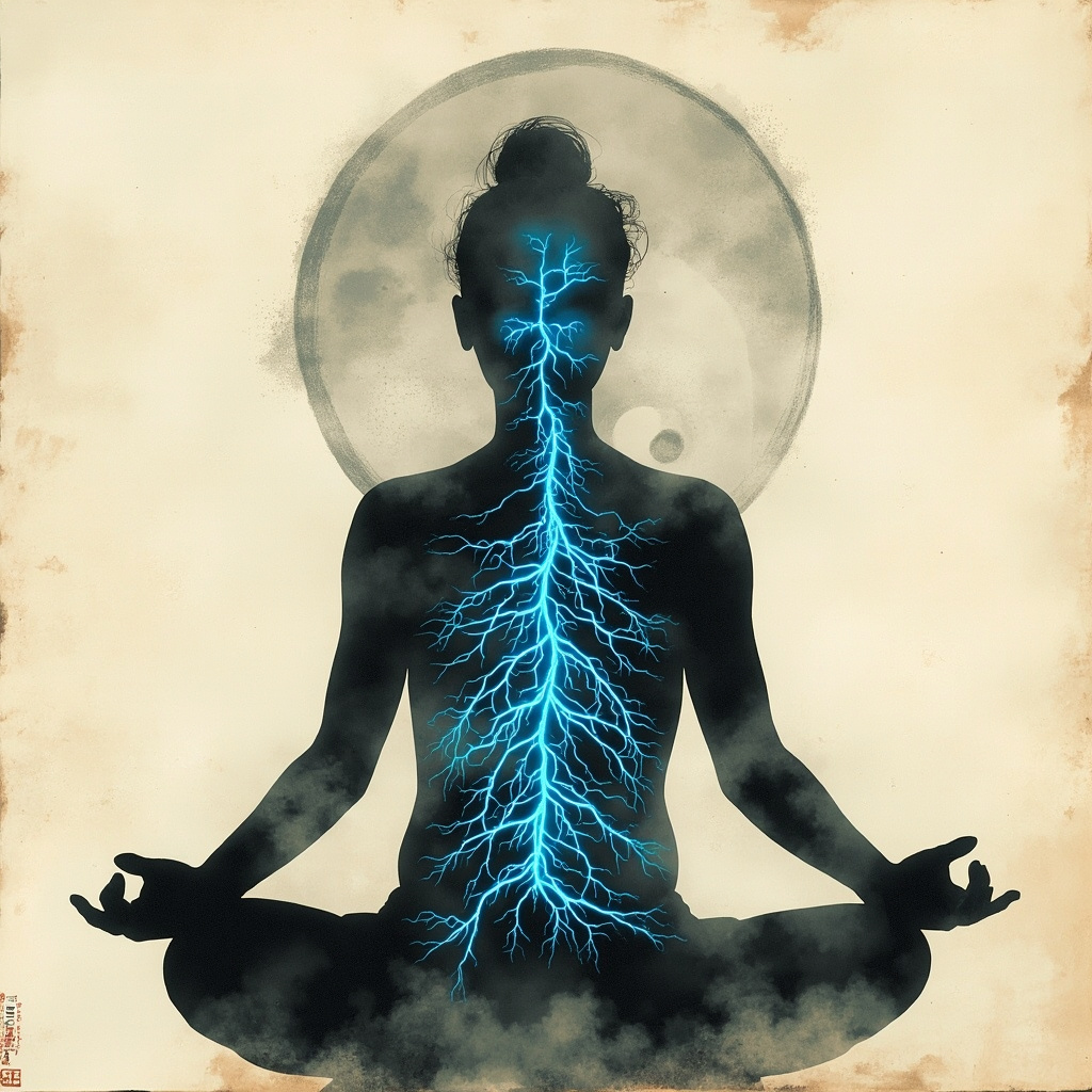 Serene illustration of the human body with glowing blue parasympathetic pathways along TCM meridians, a relaxed figure in meditation pose, soft yin-yang symbol in background, ancient Chinese ink style.