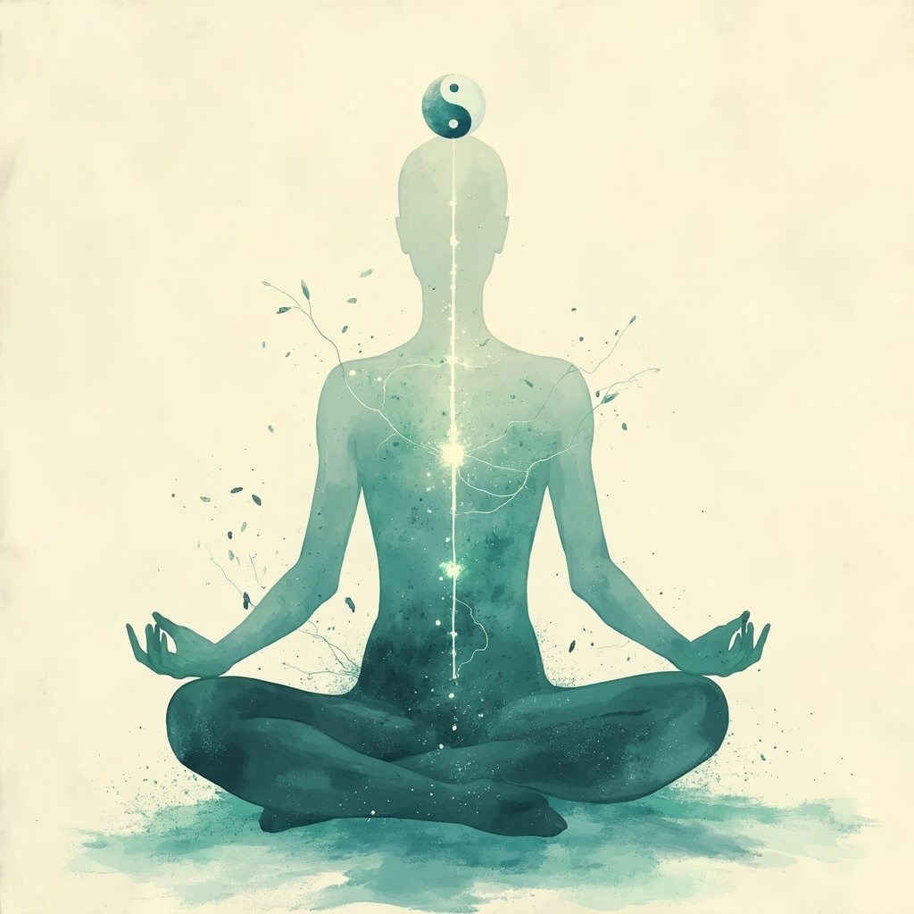 Serene illustration of a person in meditative pose with soft glowing meridians representing the parasympathetic nervous system, yin-yang symbol integrated, in Traditional Chinese Medicine ink style, calming blues and greens.