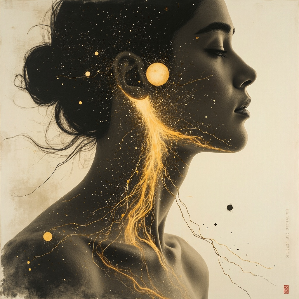 Serene ink wash painting of parathyroid glands behind thyroid in neck, glowing with balanced yin-yang orbs, qi meridians flowing like rivers of light, calcium symbols as balanced scales, evoking self-worth and harmony in TCM style.