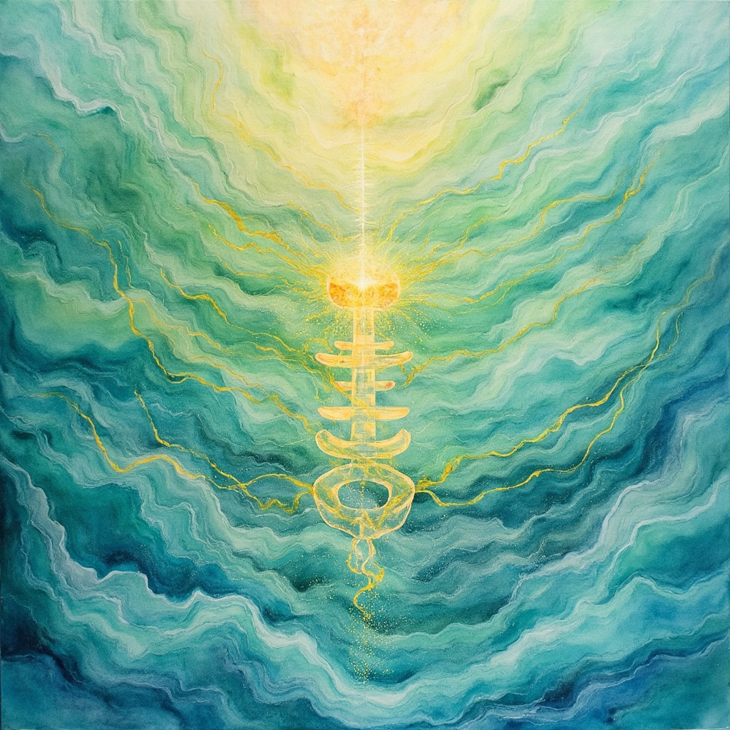 Serene watercolor of parathyroid glands behind thyroid in neck, with glowing TCM qi meridians flowing like rivers of gold, balanced calcium scales, and soft waves of emotional calm in blue and green tones.