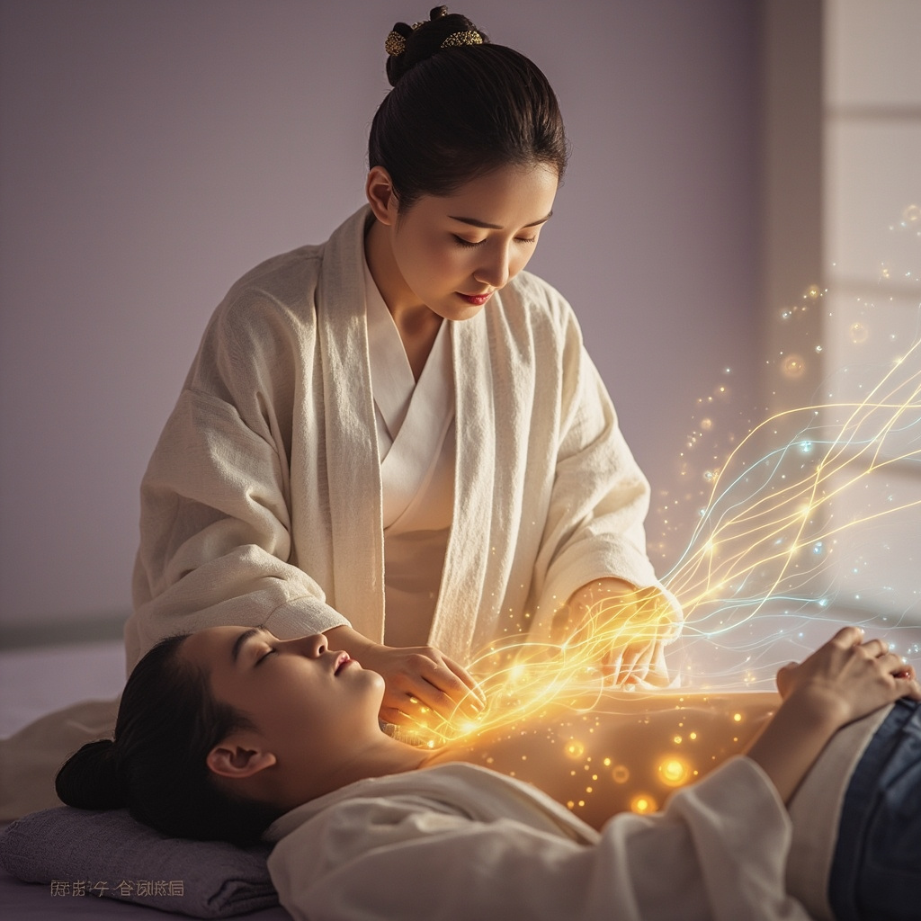 Serene Asian practitioner in flowing robes balancing energy meridians on a tired patient recovering from illness, glowing Qi lines from belly to limbs, soft dawn light, healing frequencies visualized as subtle waves, realistic style.