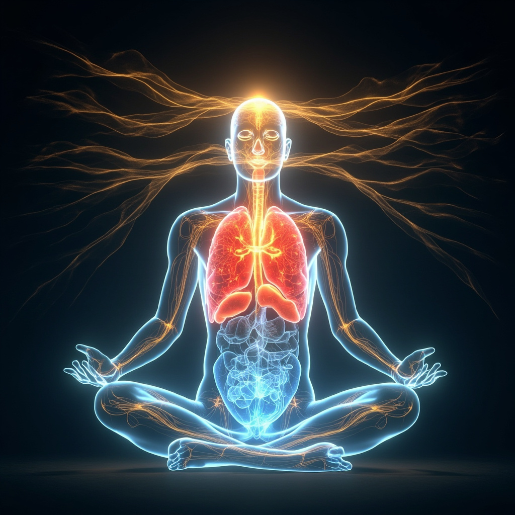Prompt: Serene person meditating with glowing adrenal glands calming from red overactive to blue balanced state, soft waves of sound frequencies flowing, TCM meridians visible, professional medical illustration style.