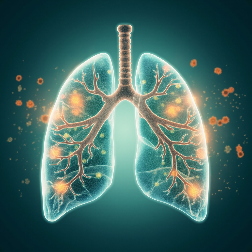 Calm human lungs illuminated by soft golden frequency waves, subtle bacterial motifs fading into balance, blue-green healing tones, professional medical illustration style.