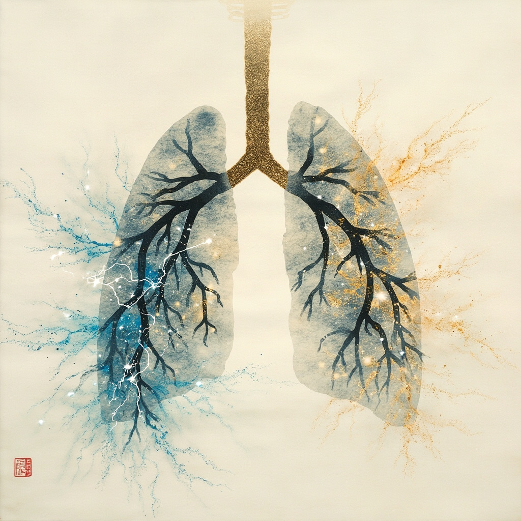 Serene ink painting of human bronchi branching into lungs, with glowing qi energy lines in blue and gold, evoking breath flow and protective boundaries in TCM style.