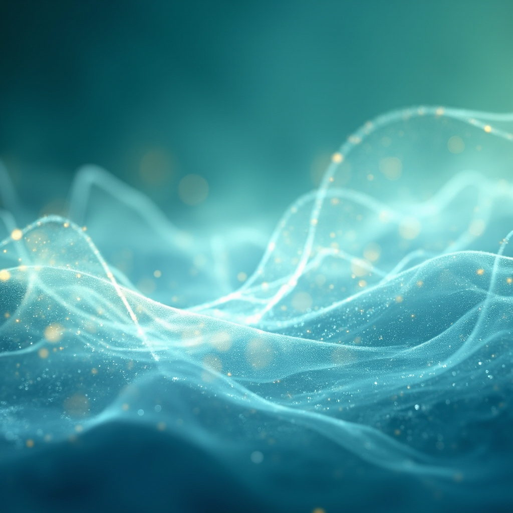 A serene, abstract representation of flowing energy lines connecting skin to a peaceful mind, soft blue and green lighting, high quality, medical wellness aesthetic.