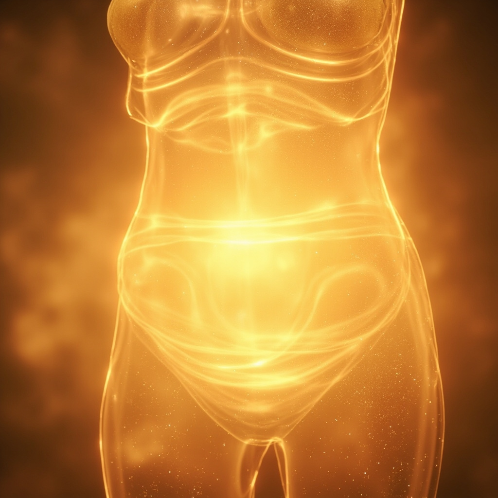 A serene, abstract representation of a glowing, healthy stomach area with soft, golden light frequencies radiating outwards to symbolize balance and healing.