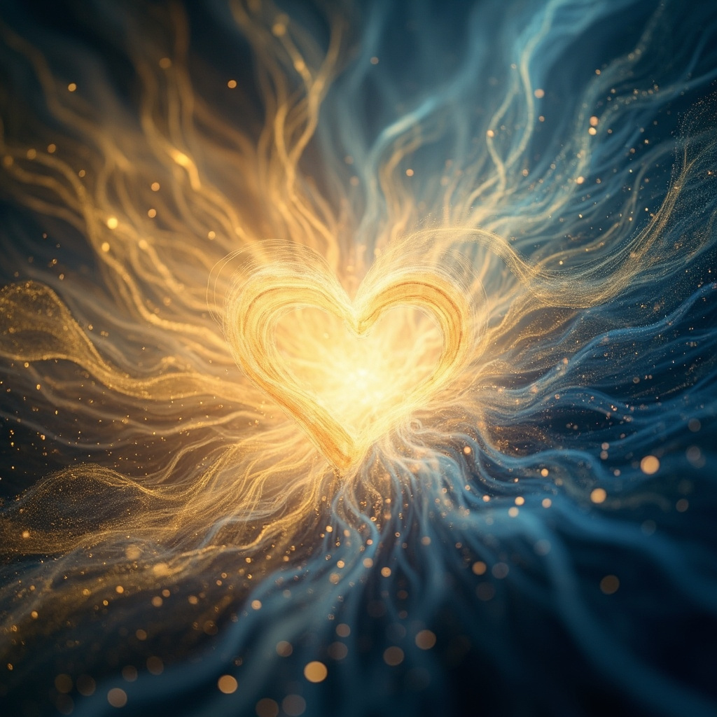 A serene, abstract representation of a glowing heart center with harmonious light waves flowing through it, soft golden and blue tones, high resolution.