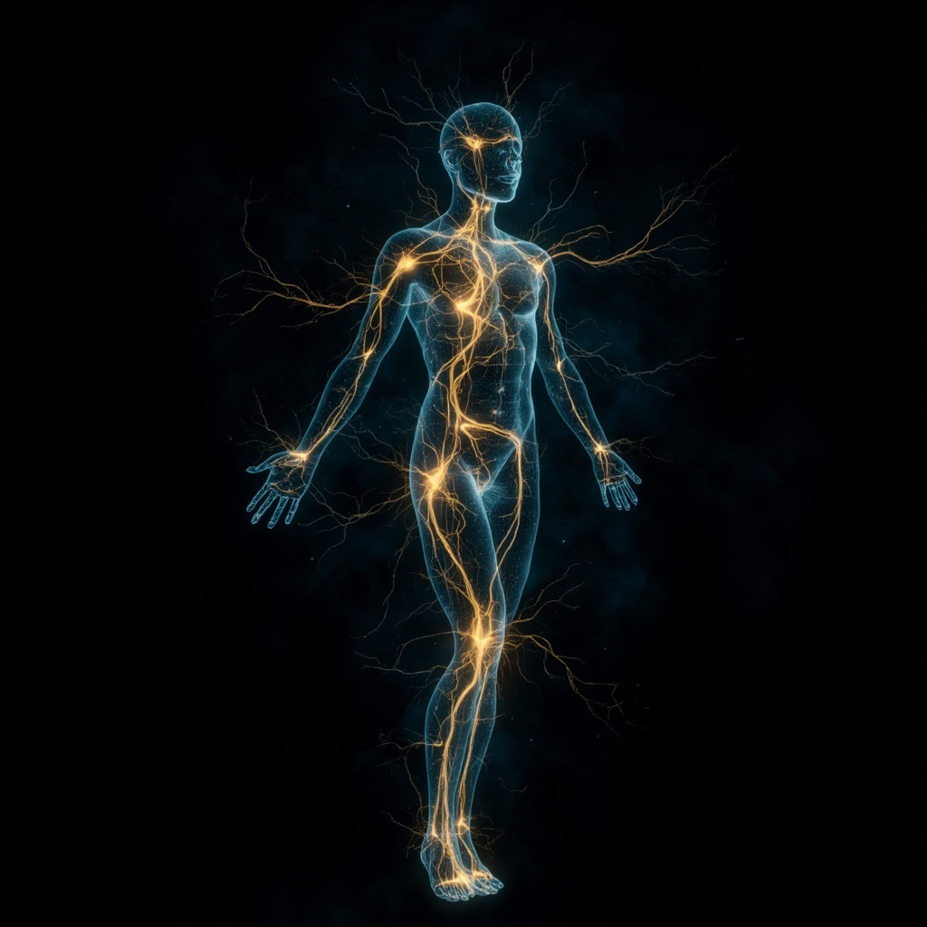 A serene, artistic representation of glowing, flowing energy pathways within a human silhouette, illustrating the concept of circulation and harmony.