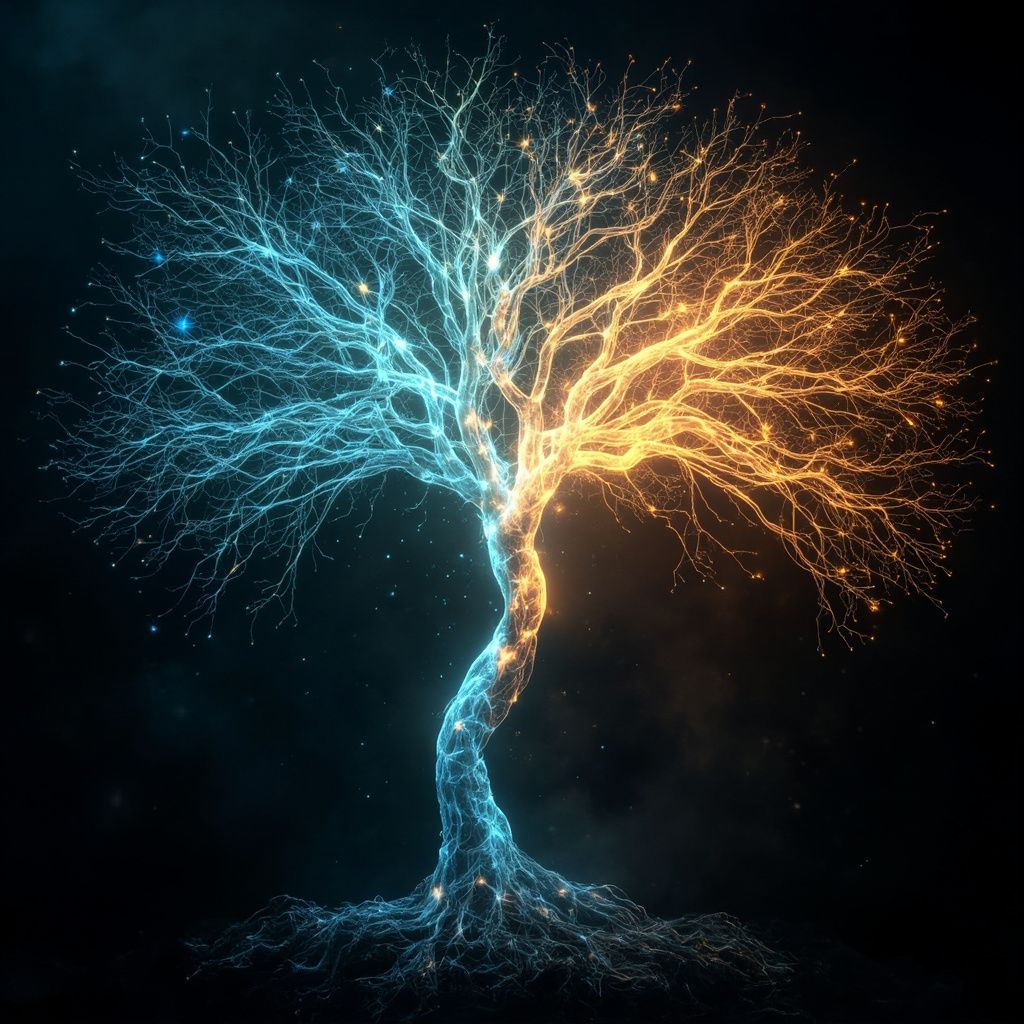 A high-quality, artistic representation of a glowing, interconnected neural network resembling a subtle, luminous tree of life, symbolizing the autonomic nervous system, with warm and cool light tones representing the balance of rest and activity.