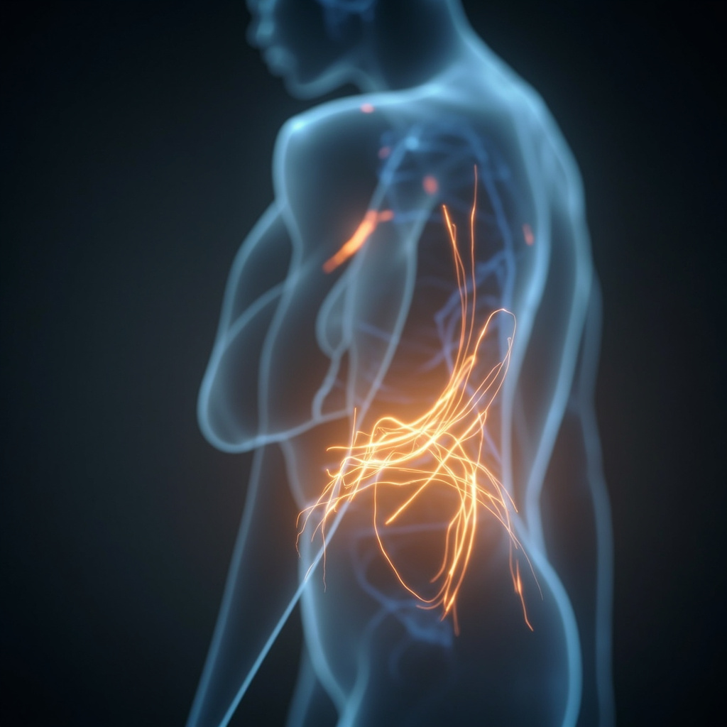 A calm, abstract representation of energetic flow within the human body, focusing on the lower abdominal region with soft, glowing light lines, professional and scientific aesthetic.