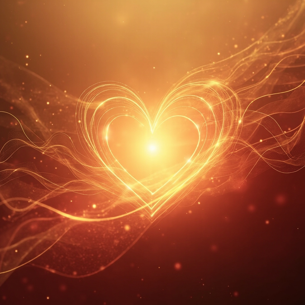 A serene, abstract representation of a glowing, healthy heart center surrounded by flowing, harmonious energy lines in soft gold and warm red tones, minimalist and calming style.
