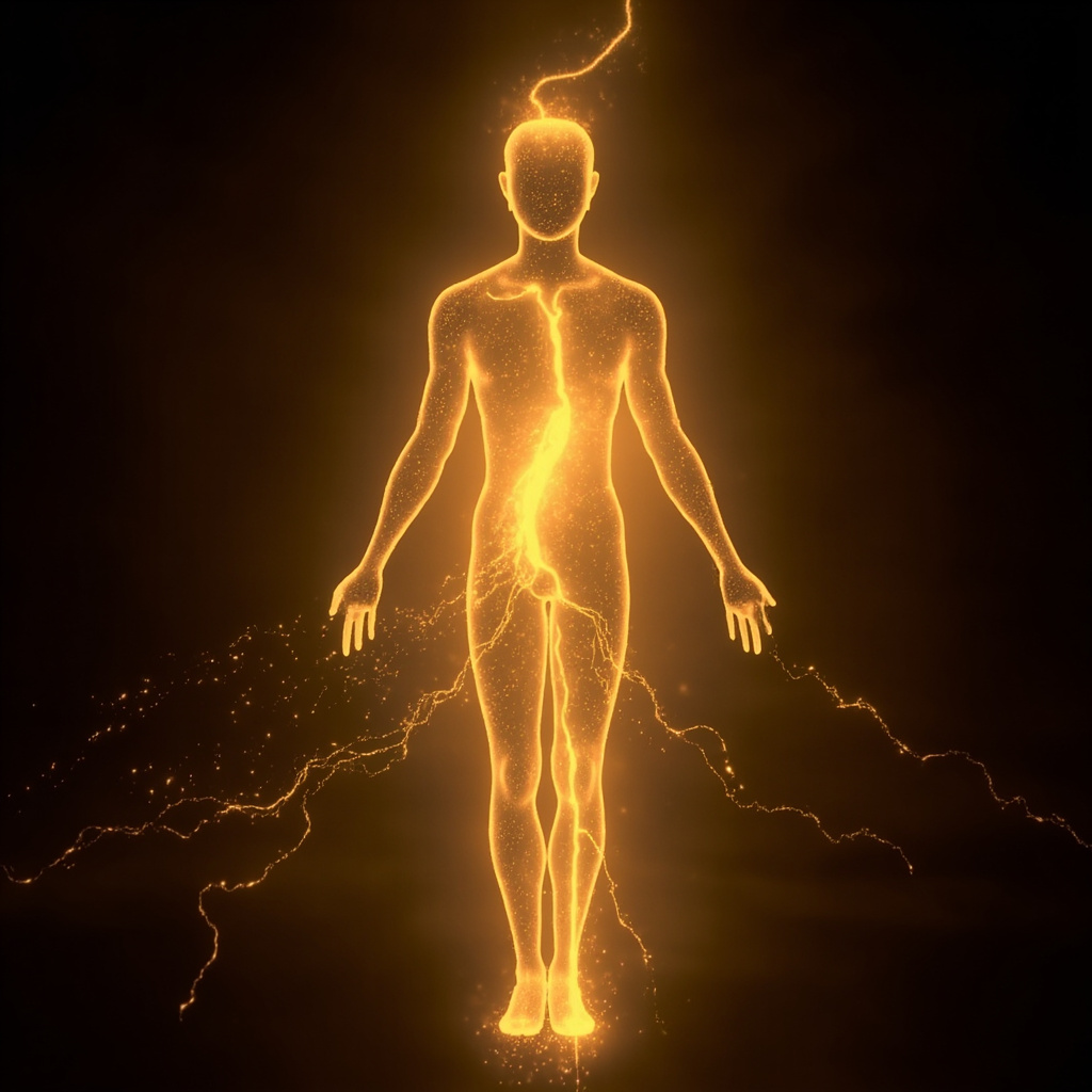 A serene, abstract representation of golden light flowing through the human body, symbolizing balanced energy and the vitality of the adrenal system.