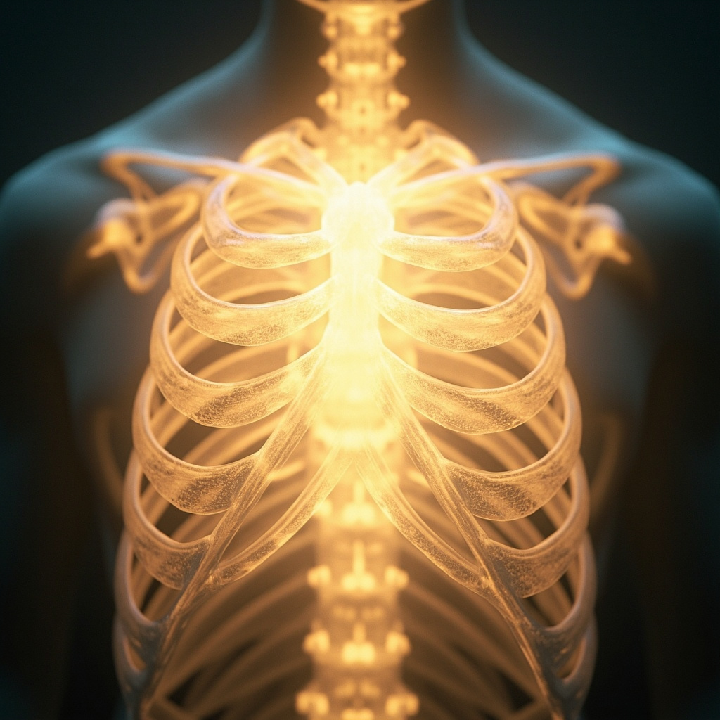 A soft, artistic representation of a glowing, energetic chest area with light flowing through the rib cage, symbolizing breath, openness, and emotional balance.
