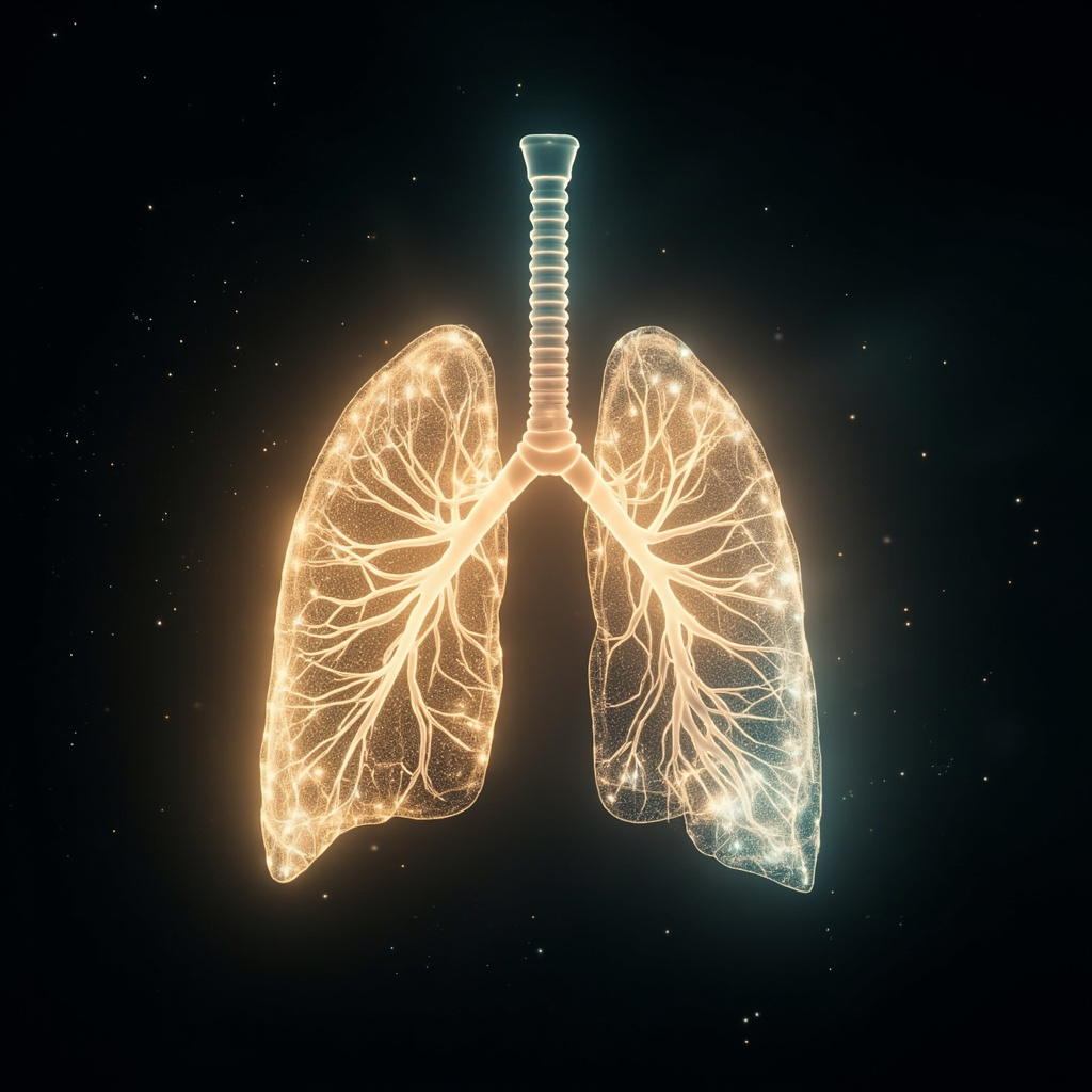 A serene, artistic representation of a pair of lungs integrated with soft, glowing light, symbolizing the breath as a bridge between physical health and emotional peace.