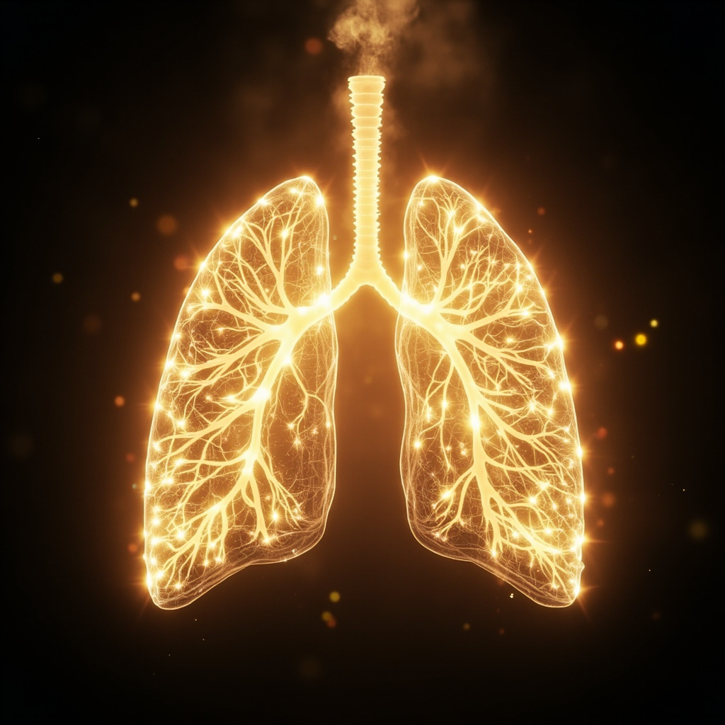 A serene, abstract representation of the lungs depicted as a glowing, balanced energy field with soft, golden light flowing through bronchial pathways, symbolizing harmony and respiratory health.