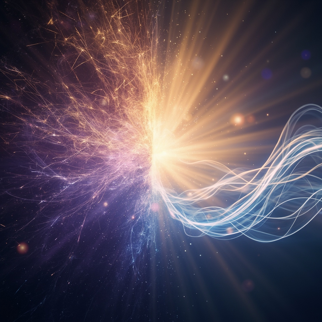 A serene, abstract representation of human energy fields glowing with soft, harmonious light, transitioning from a state of chaotic, fragmented patterns to smooth, flowing waves.