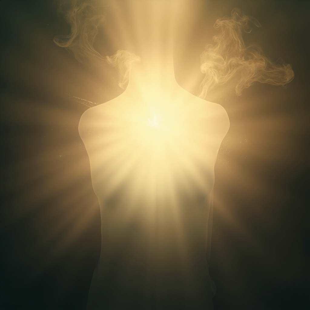 A soft, ethereal image showing a glowing, gentle light emanating from the center of a human chest, representing energy and breath, in a calm and serene environment.