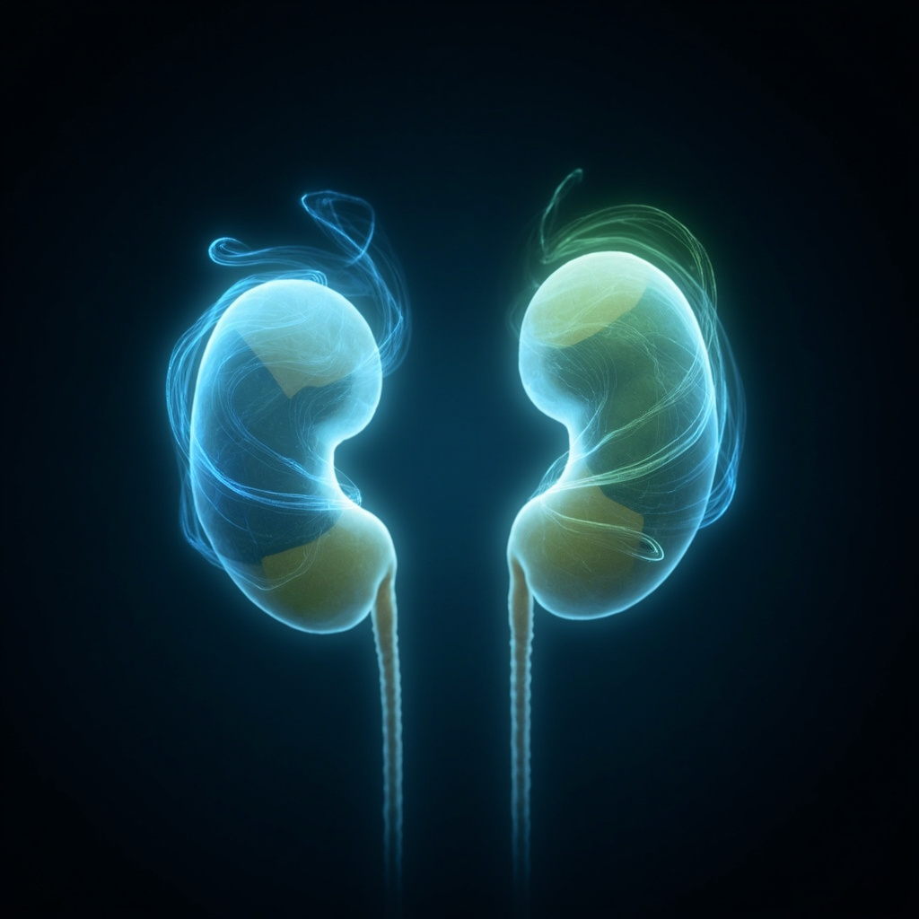 Serene yin-yang symbol integrated with glowing adrenal glands on kidneys, soft blue and green energy flows representing balanced qi and cortisol, minimalist healing style