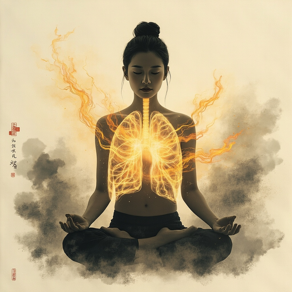Soft ink painting of healthy lungs with flowing golden qi energy, dark fungal shadows retreating, a calm person breathing deeply in lotus pose, TCM style.