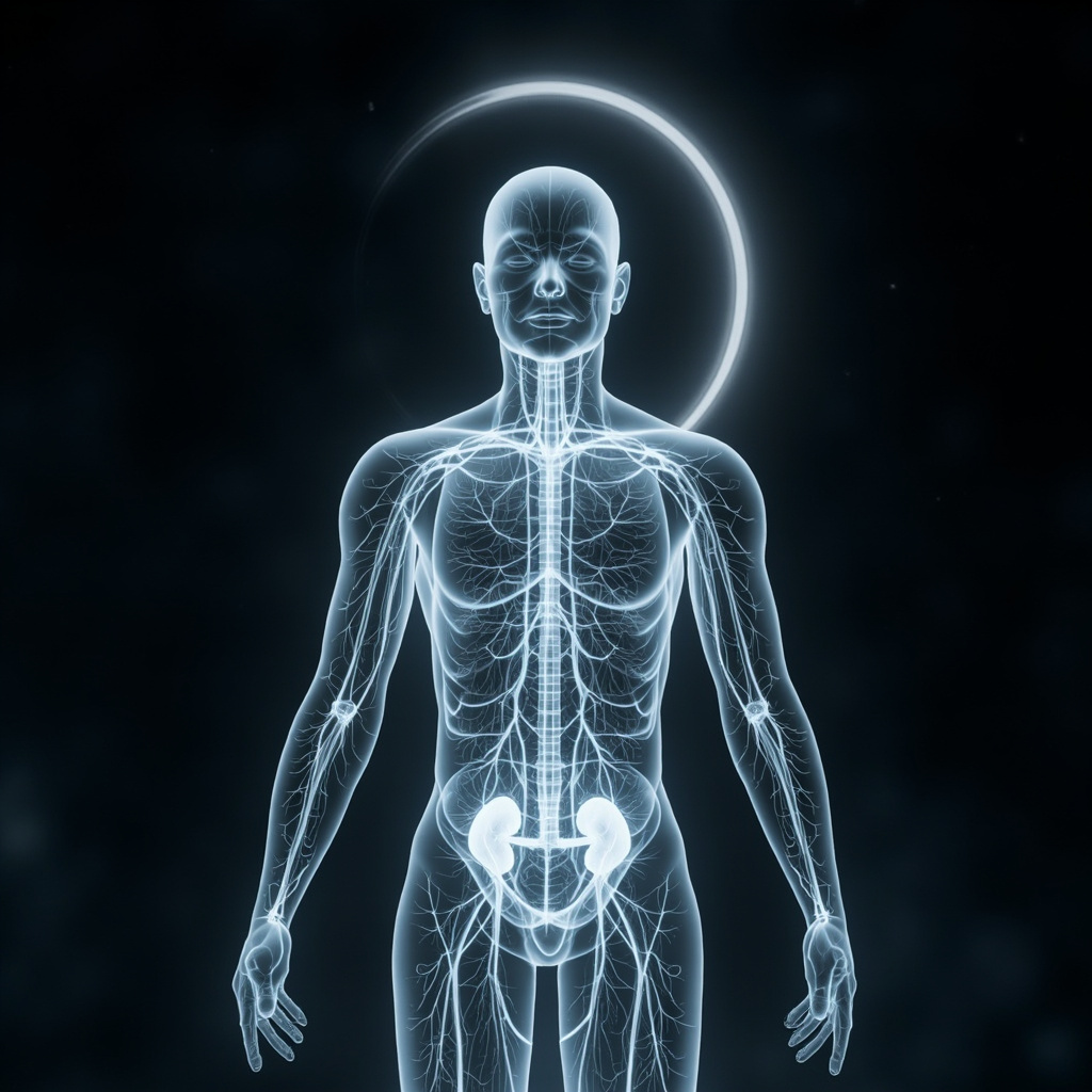 Serene human silhouette with glowing silver energy flowing through TCM meridians, connecting skin, liver, and kidneys; balanced yin-yang symbol in background, soft metallic glow for healing and detox theme