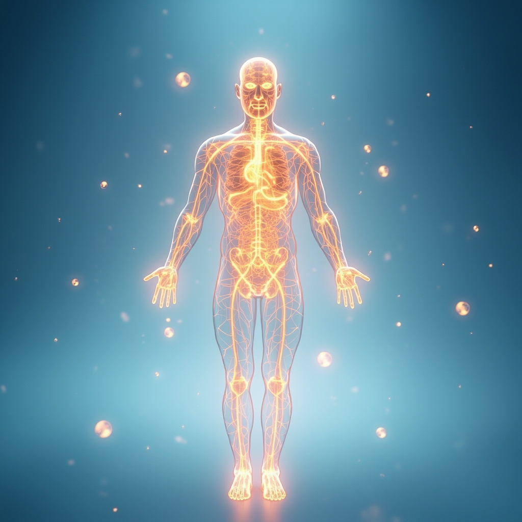Human silhouette with glowing orange-copper energy pathways connecting liver, brain, heart, and kidneys, surrounded by yin-yang symbols and meridian lines, soft blue background for calm vitality