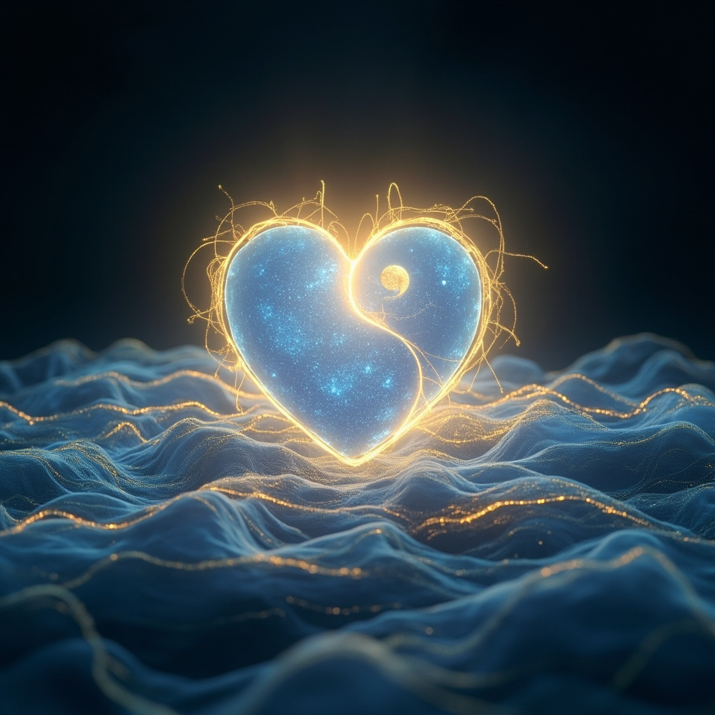 Serene glowing heart with yin-yang symbol overlay, surrounded by flowing meridians and soft energy waves adapting to stress peaks and calm valleys, in calming blues and golds