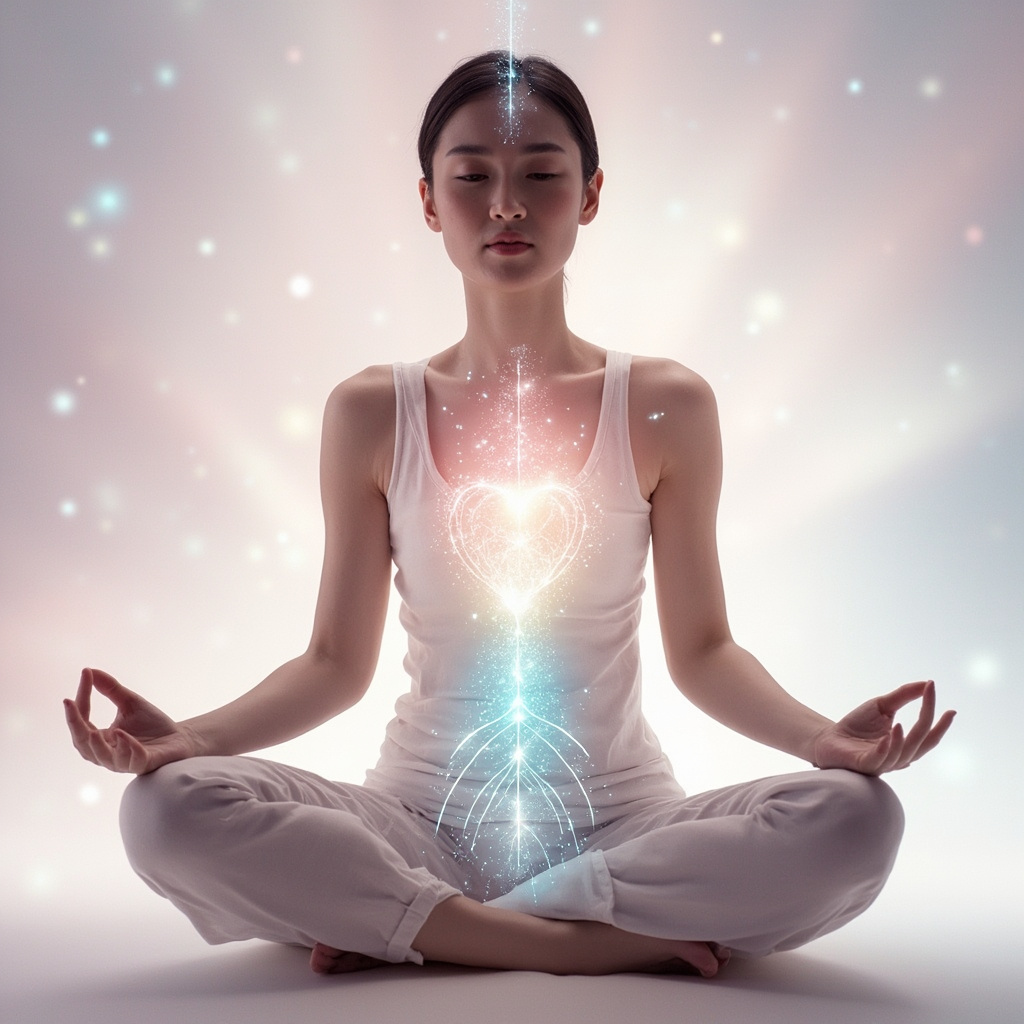 A serene woman in lotus pose with soft glowing energy lines connecting her heart to her lower abdomen, in pastel pinks and blues, symbolizing the TCM Bao Mai channel for uterus healing.