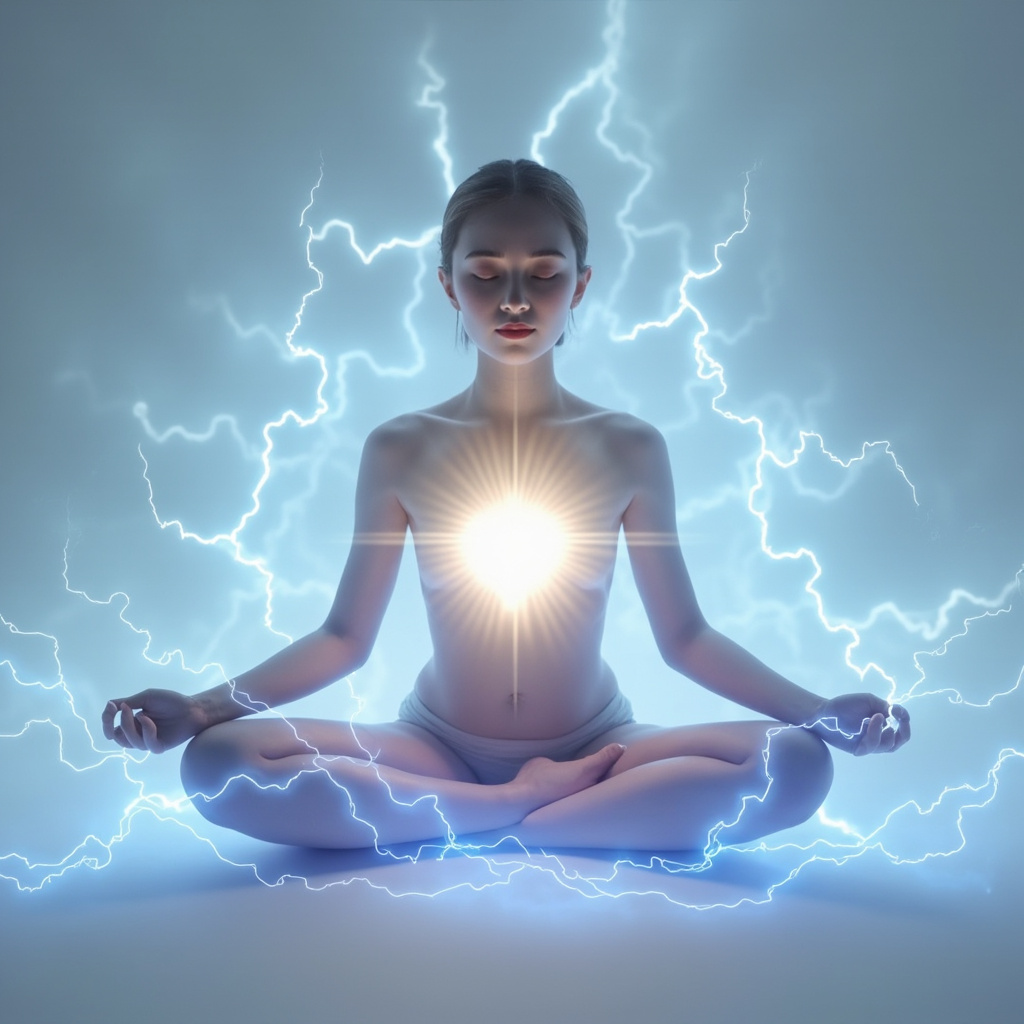 Prompt: Serene glowing heart with soft blue electrical waves forming a balanced aura around a meditating person, symbolizing restored energy and calm, in soft pastel tones.