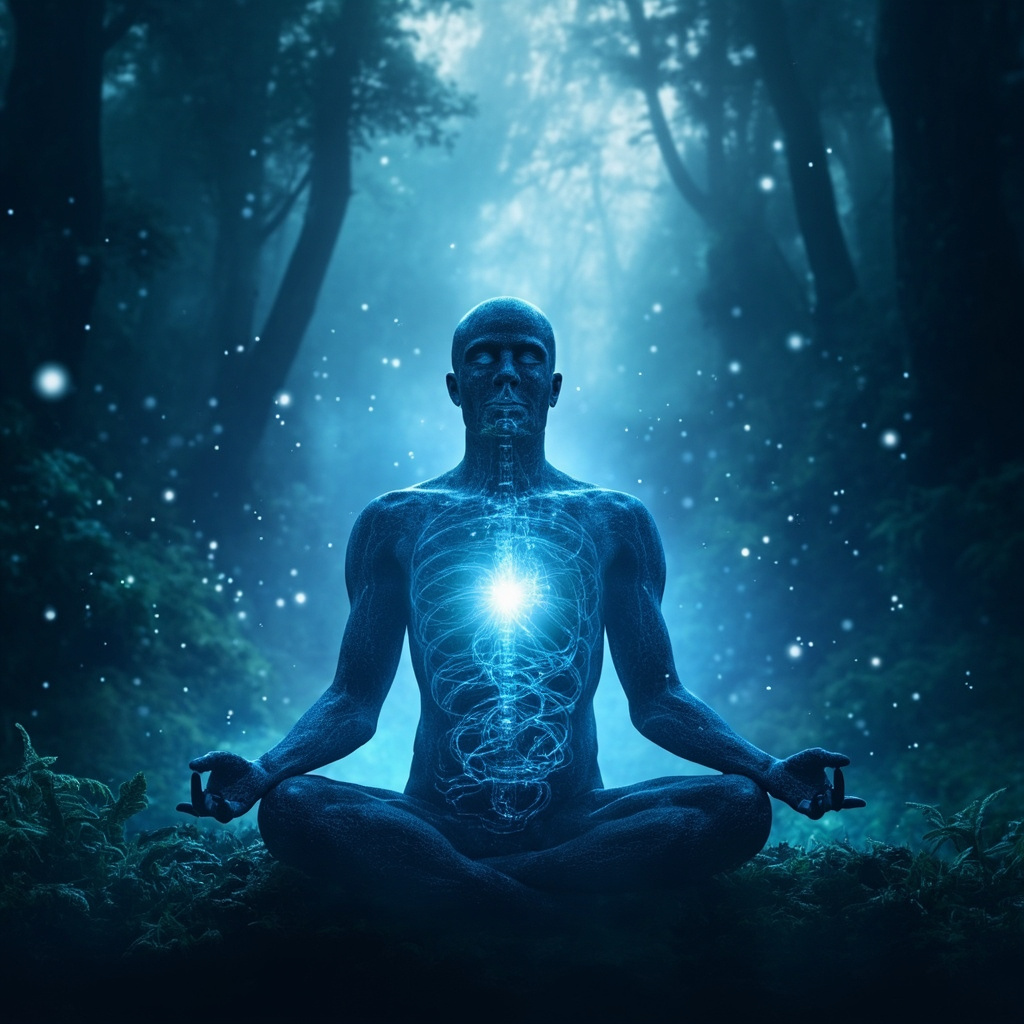 Serene human silhouette in blue tones meditating amid forest, subtle spiral bacteria fading into harmonious energy waves around joints, heart, nerves, symbolizing Lyme healing with frequencies and qi flow.