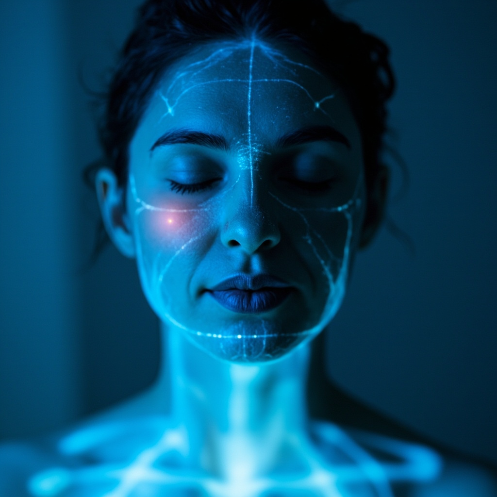 Serene person meditating with soft glowing energy waves around face and lips, healing a fading cold sore, TCM meridians visible faintly, calming blue tones symbolizing anxiety relief and balance.