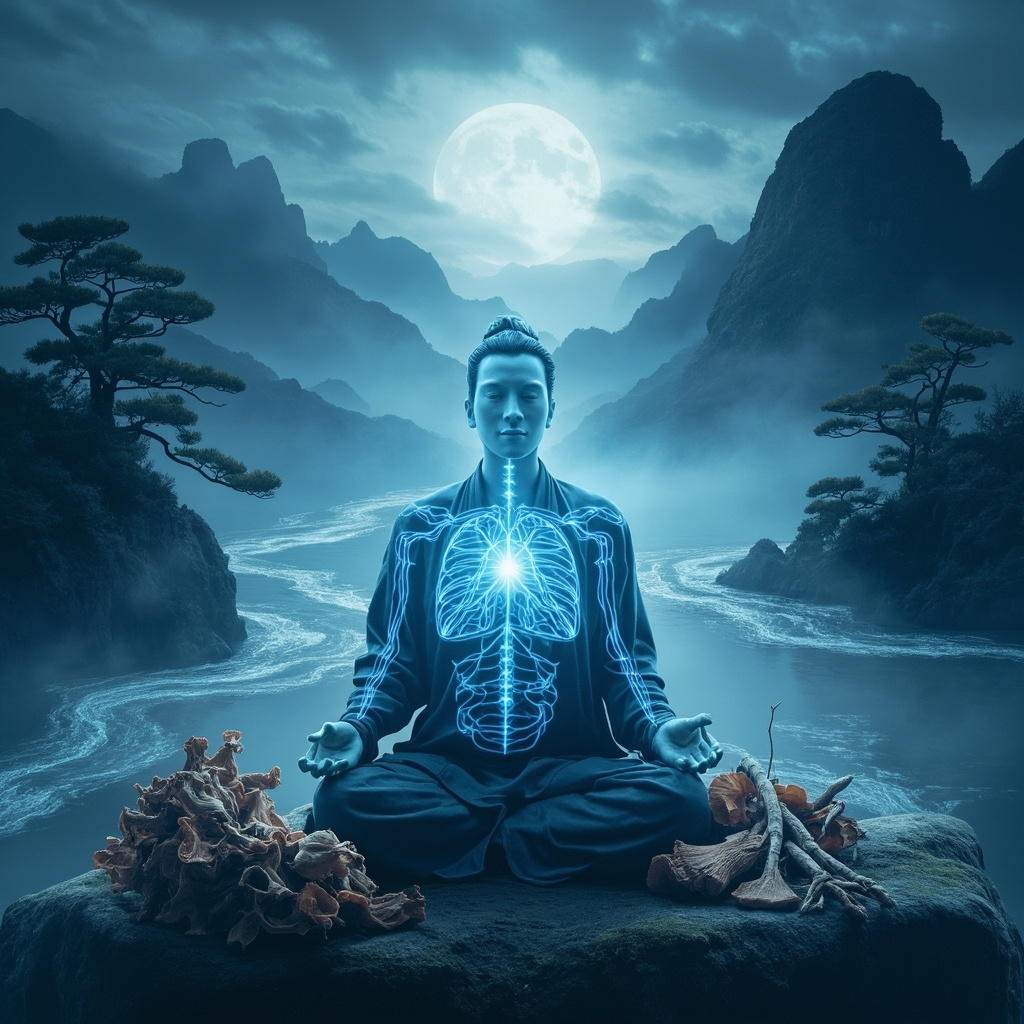 Serene Asian landscape with flowing rivers symbolizing qi, a person in meditation pose with glowing meridians around liver and heart areas in soft blue calming light, TCM herbs nearby, peaceful expression reducing anxiety
