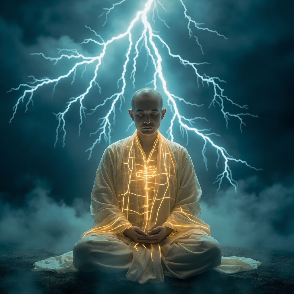 Calm meditative figure in flowing TCM robes, glowing meridians along heart and kidney channels, peacefully amidst sudden lightning strike, soft blue and gold tones symbolizing fright turning to harmony